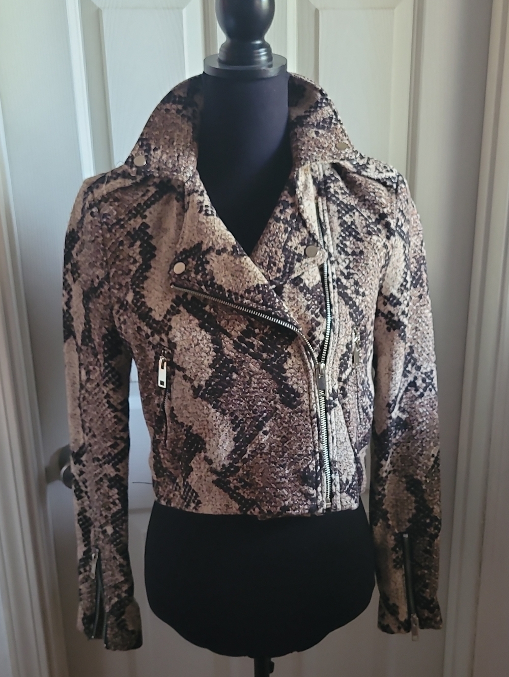 H&M Taupe & Black Snake-Print  Moto Jacket SIZE 6, 8 NEW WITH TAG